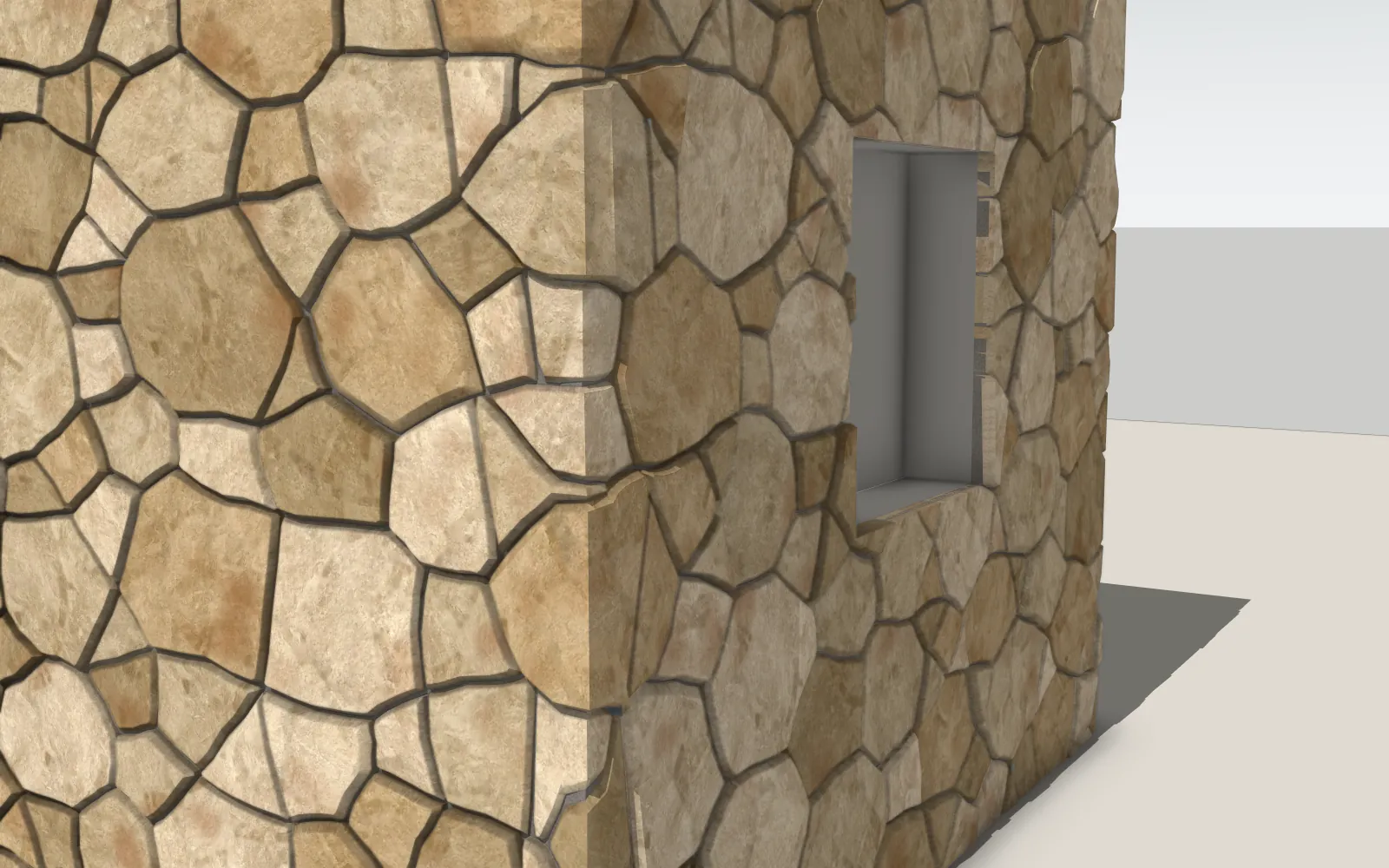 Quina de parede revestida com pedra moledo em 3D gerada pelo plugin 3DRender Pedra Moledo no SketchUp